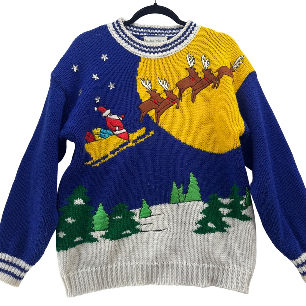 VTG Jessica Roberts Christmas Sweater Santa Reindeer Women's M Ugly Holiday Knit
